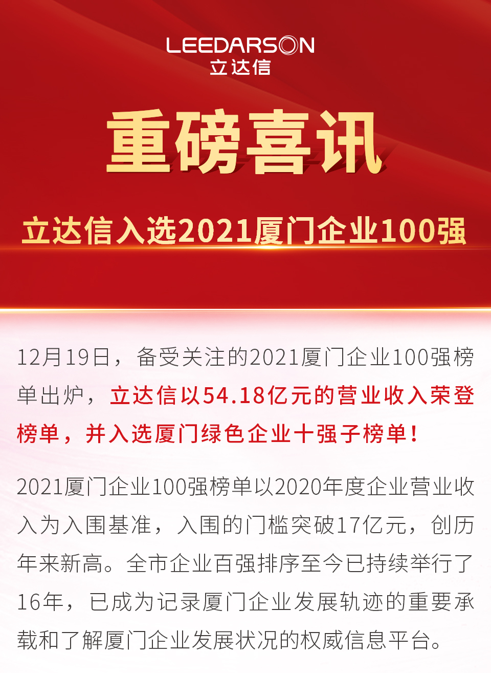 54.18亿元！立达信入选2021厦门企业100强、厦门绿色企业十强！