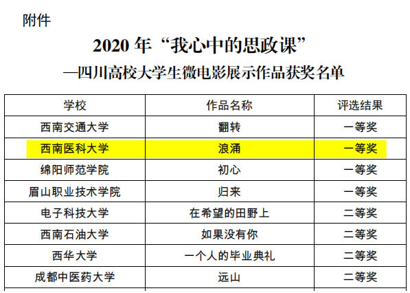 西南醫科大學微電影作品《浪涌》榮獲第四屆四川高校大學生微電影展示活動一等獎