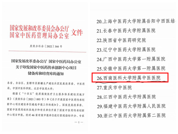 西南醫科大學附屬中醫醫院獲批國家中醫藥傳承創新中心項目